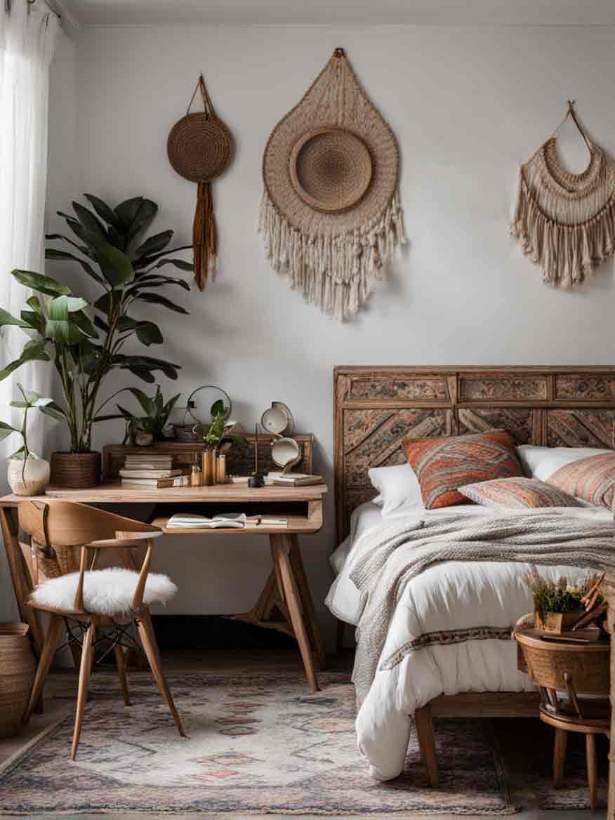 boho bedroom with corner writing desk