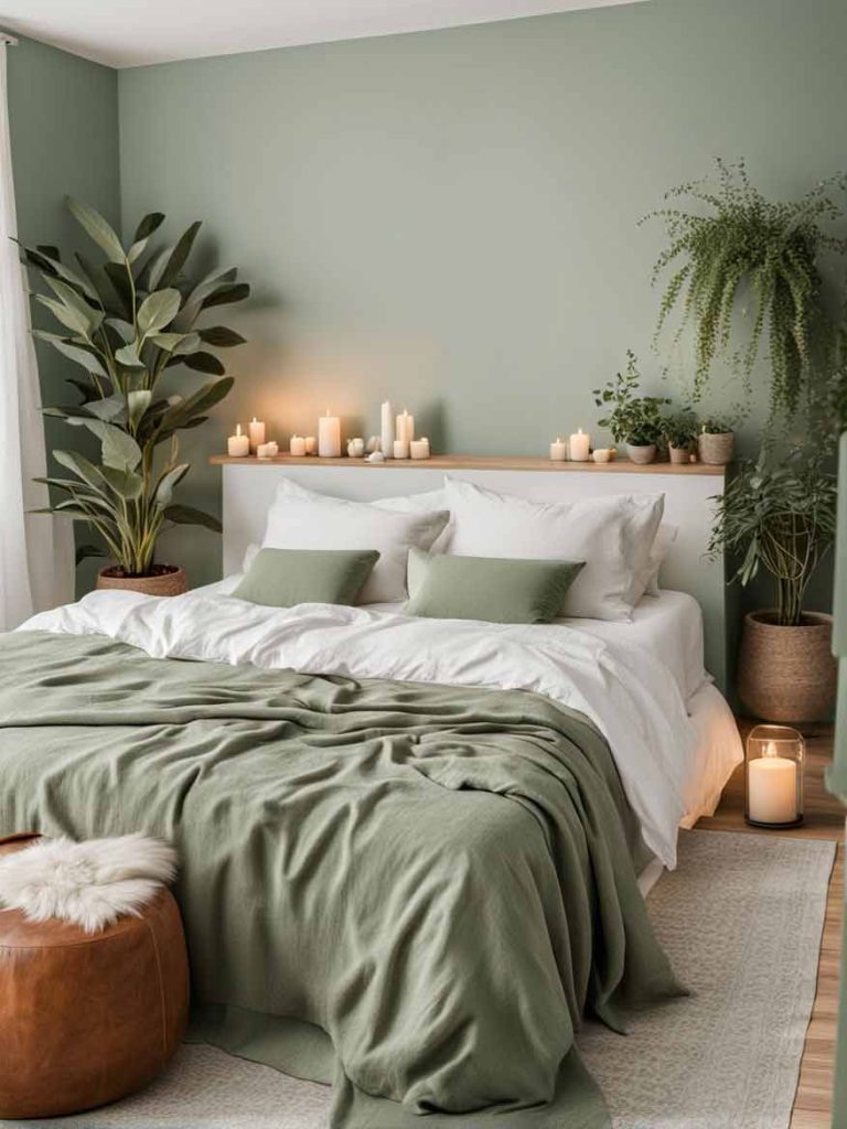 Sage green bedroom idea with candles