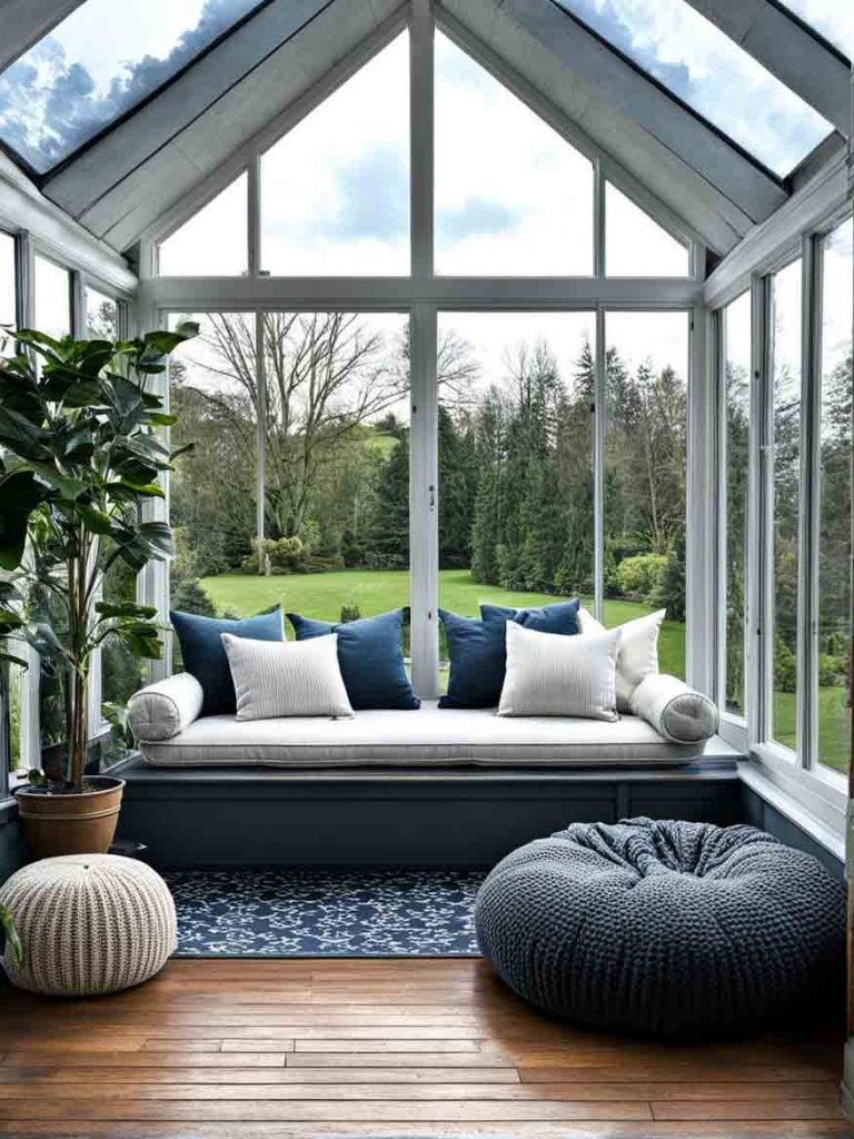 Cozy sunroom design with pouf