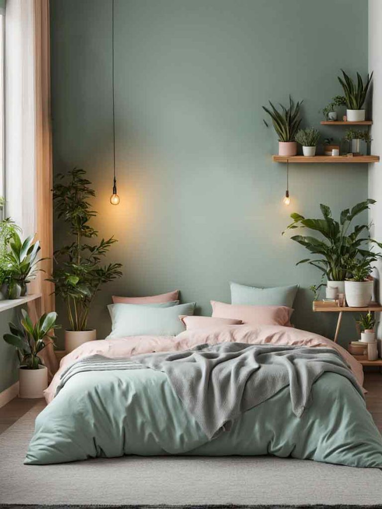 Bedroom with a cool pastel color scheme