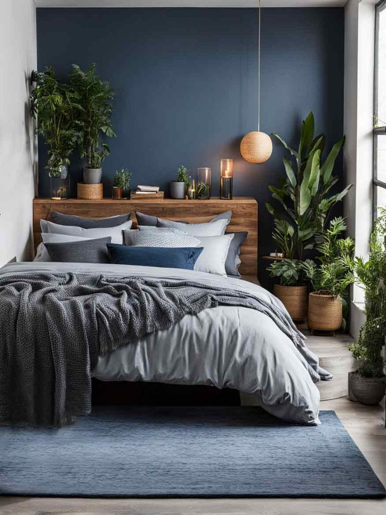 Bedroom with a blue and gray color scheme