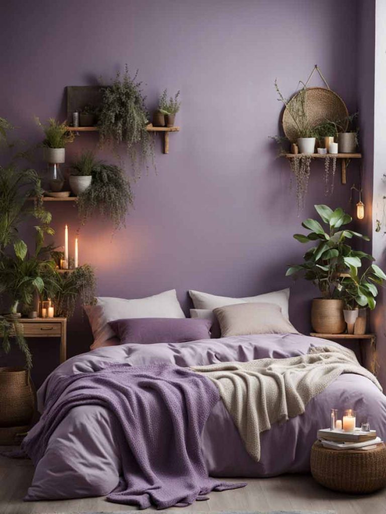 Small comfortable bedroom with lavender color scheme