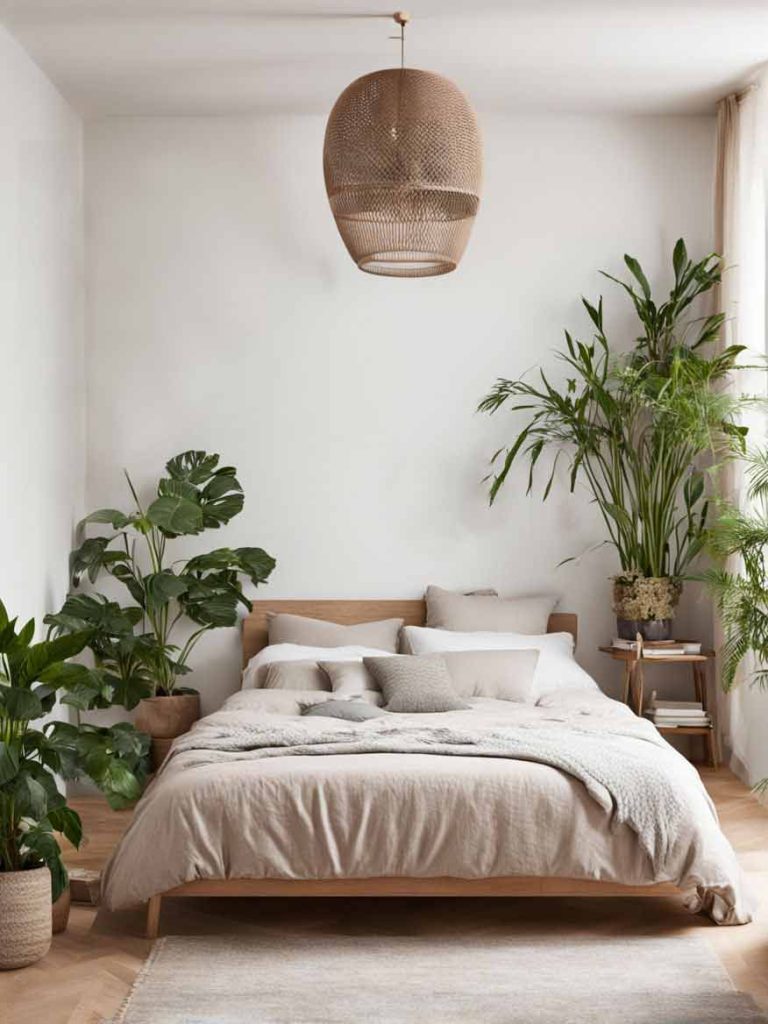 Small bedroom with plants and neutral color scheme