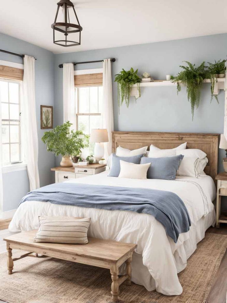 Cute farmhouse bedroom with a neutral color palette