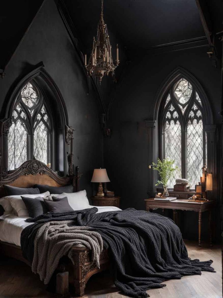 Dark gothic revival bedroom interior design