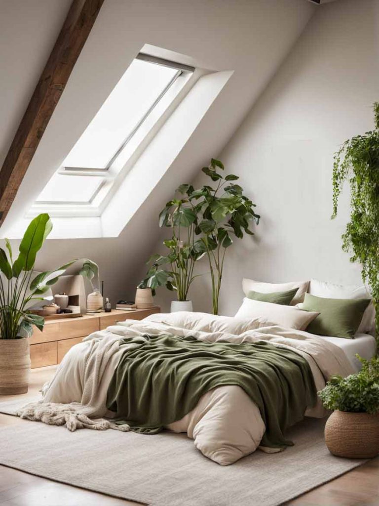Attic or loft bedroom with a green and cream color palette