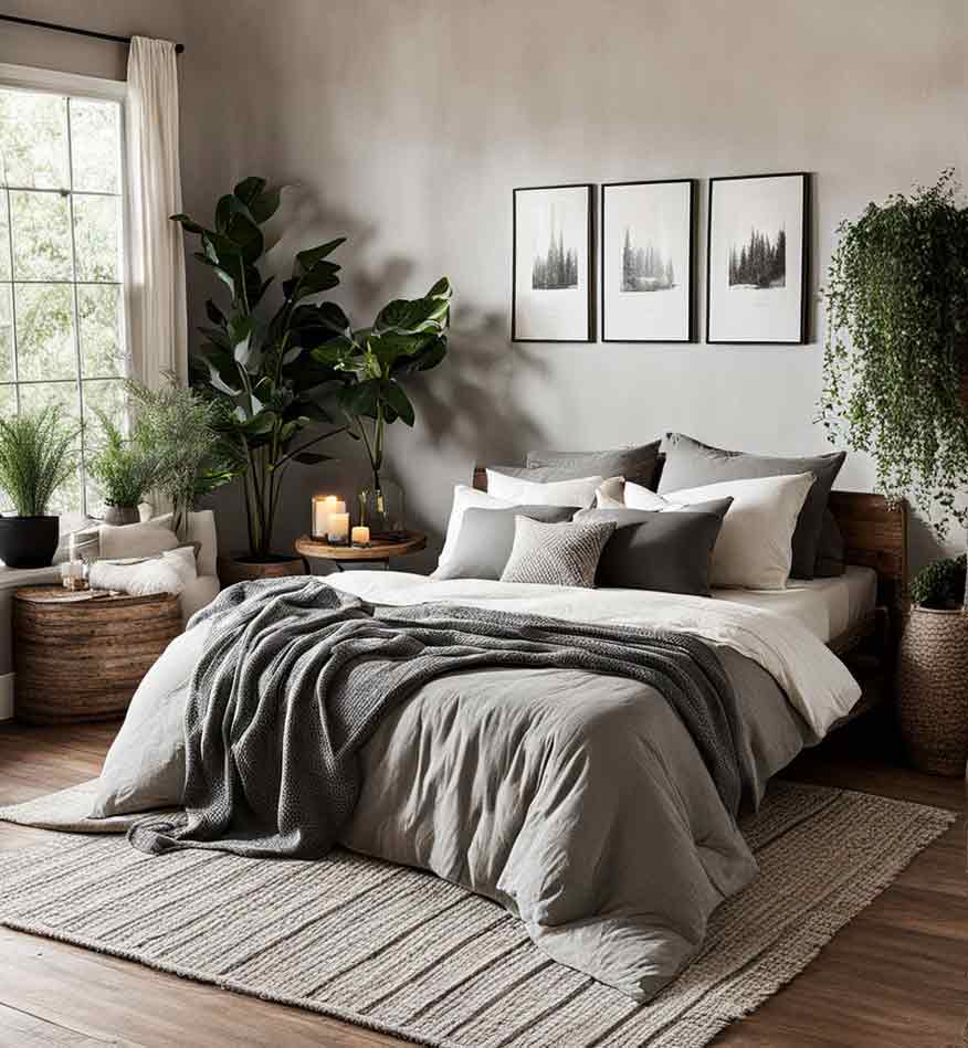 Bedroom with gray and white color scheme