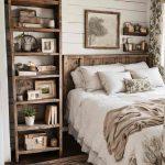 White and brown farmhouse bedroom with bookshelf