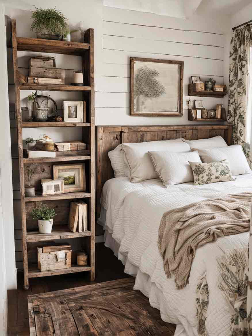 White and brown farmhouse bedroom with bookshelf