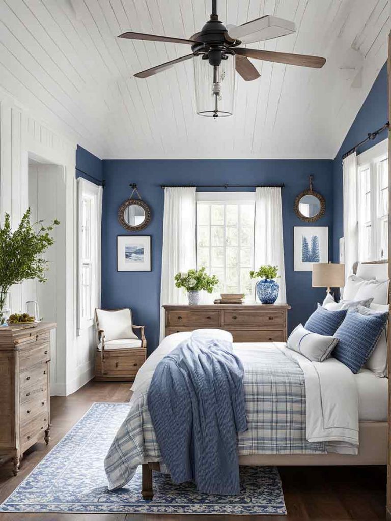 Blue and white bedroom with a farmhouse interior design style