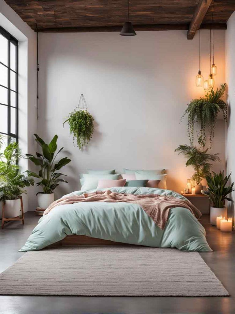 Industrial bedroom with a pastel color scheme