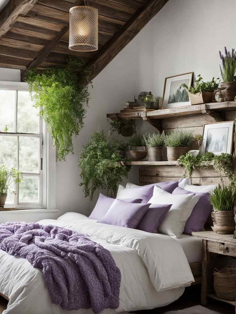 Rustic bedroom with lavender and white color scheme