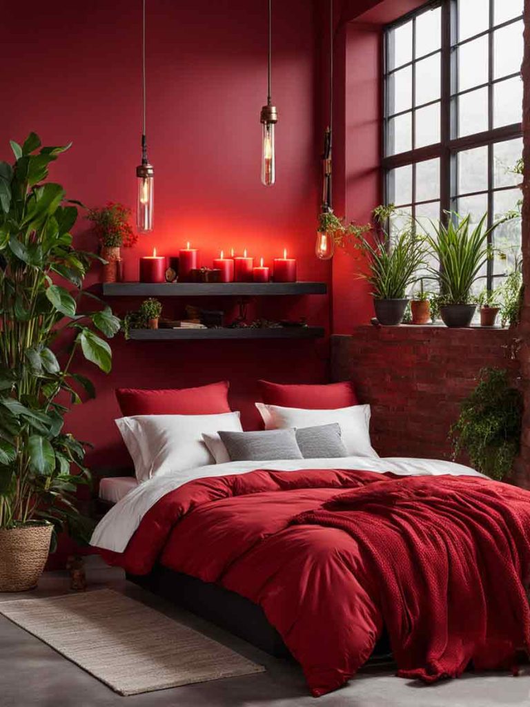 bedroom with red accent wall