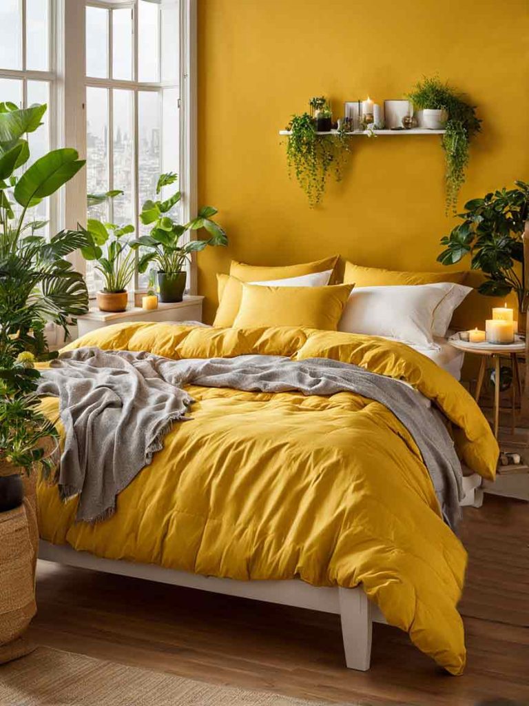 Bedroom with yellow accent wall