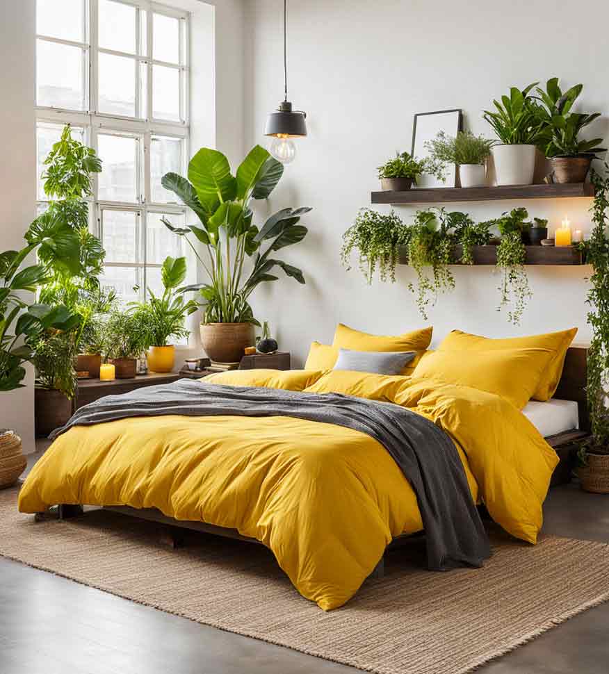 Bedroom with white and yellow color scheme