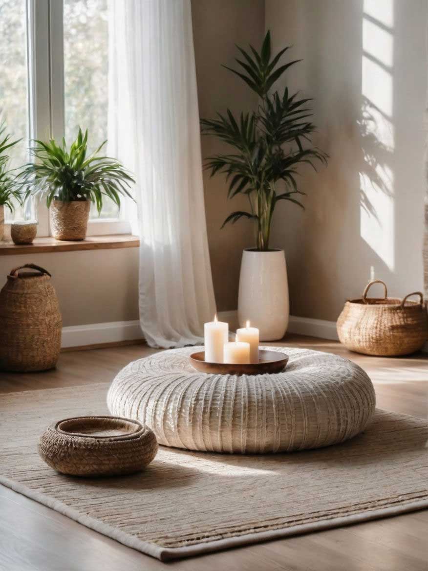 Meditation space with meditation cushion and candles