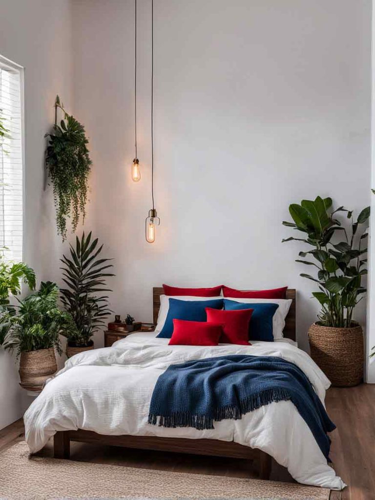 minimalist bedroom with navy blue and red accent colors