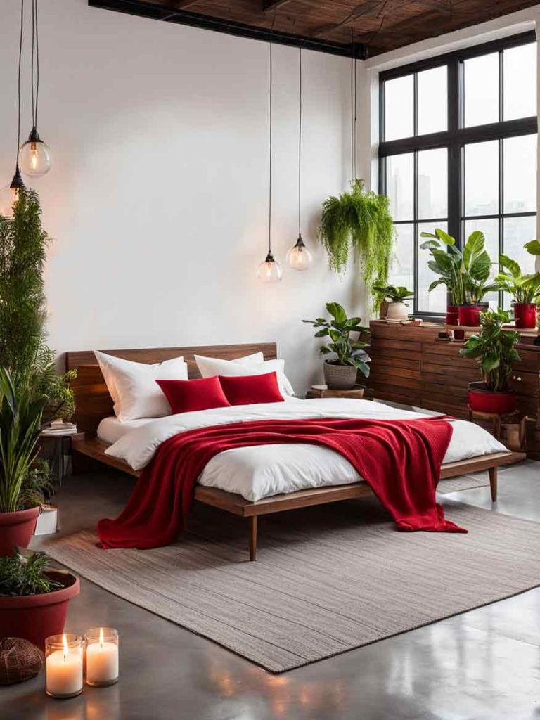 Minimalist bedroom with bright red accent color