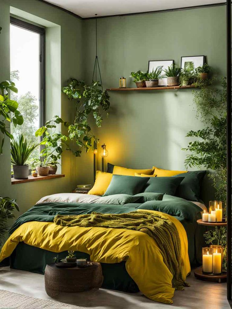 Bedroom with mustard yellow and green color scheme