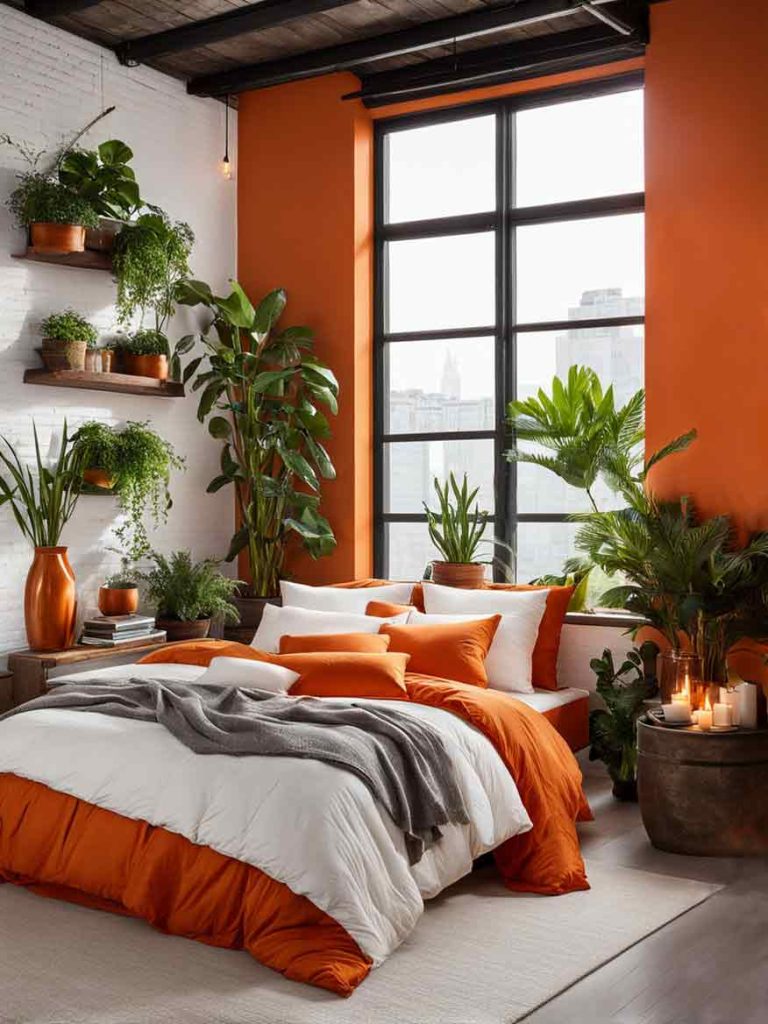 Orange and white bedroom color scheme with gray throw blanket