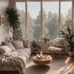 A peaceful home aesthetic with cozy sofa, throw cushions and blankets
