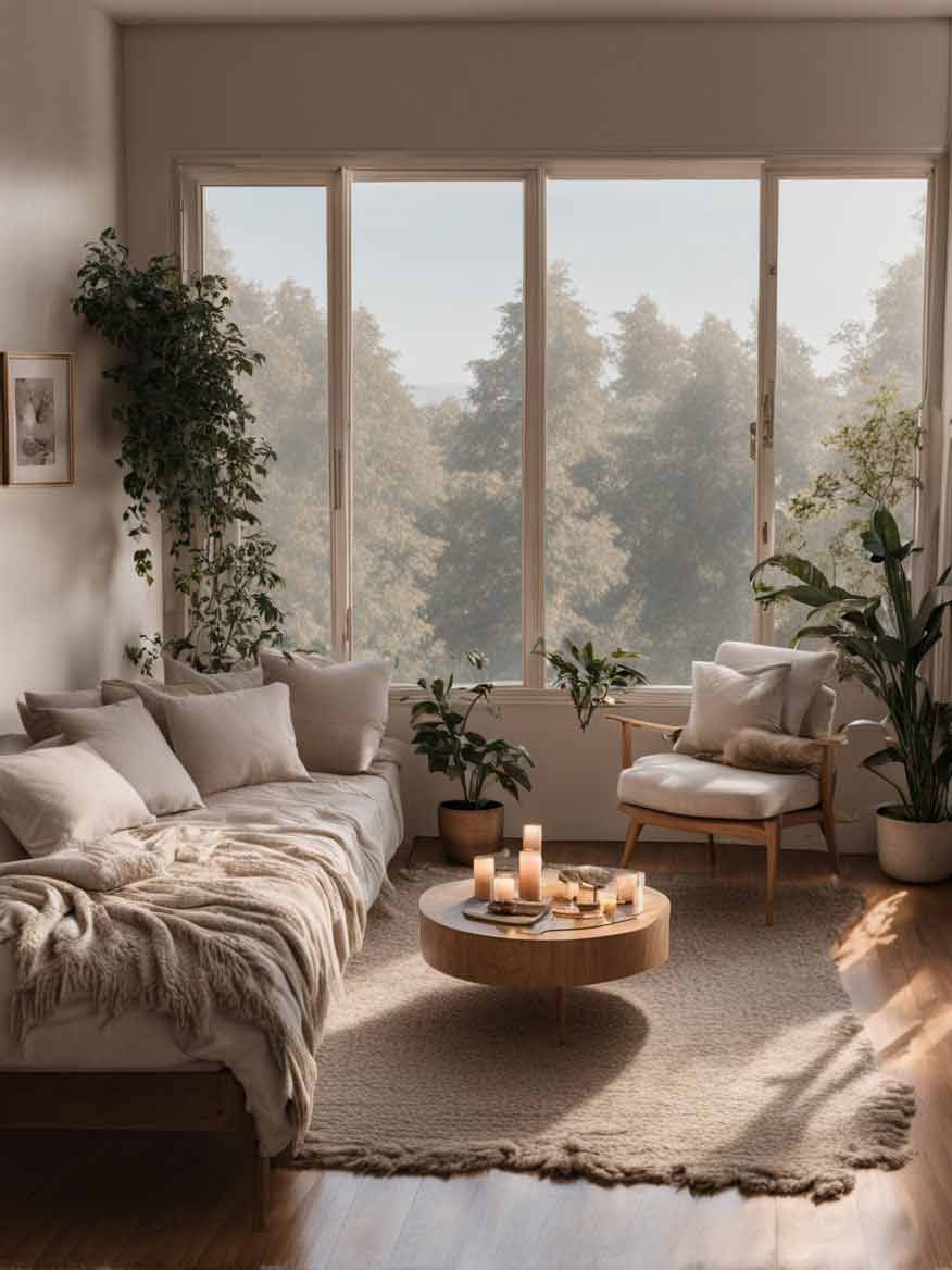 A peaceful home aesthetic with cozy sofa, throw cushions and blankets
