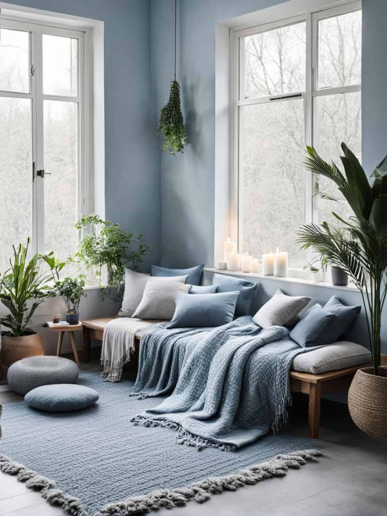 Peaceful reading corner or small meditation room with a blue color palette