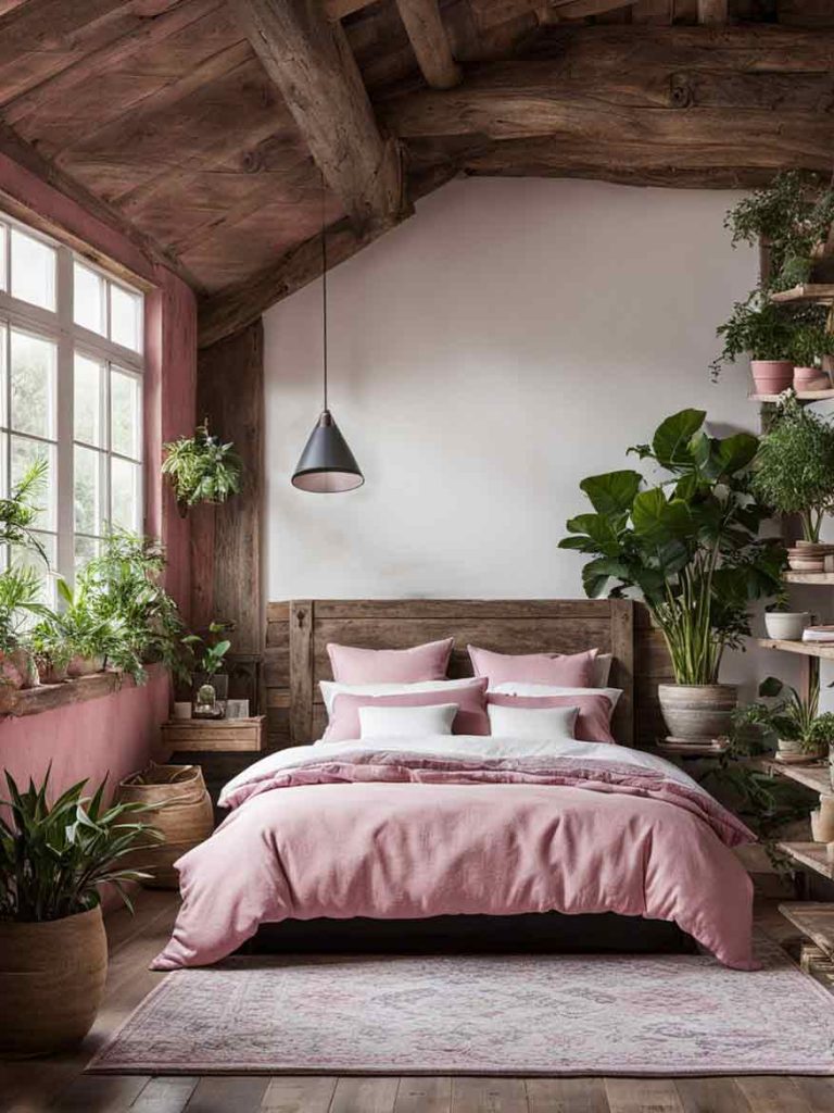 Rustic bedroom with pink and pastel pink pastel color palette