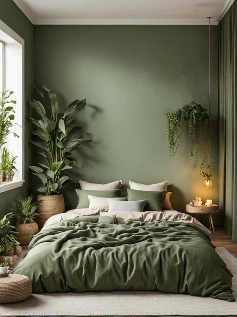 Beige and sage green bedroom color scheme idea