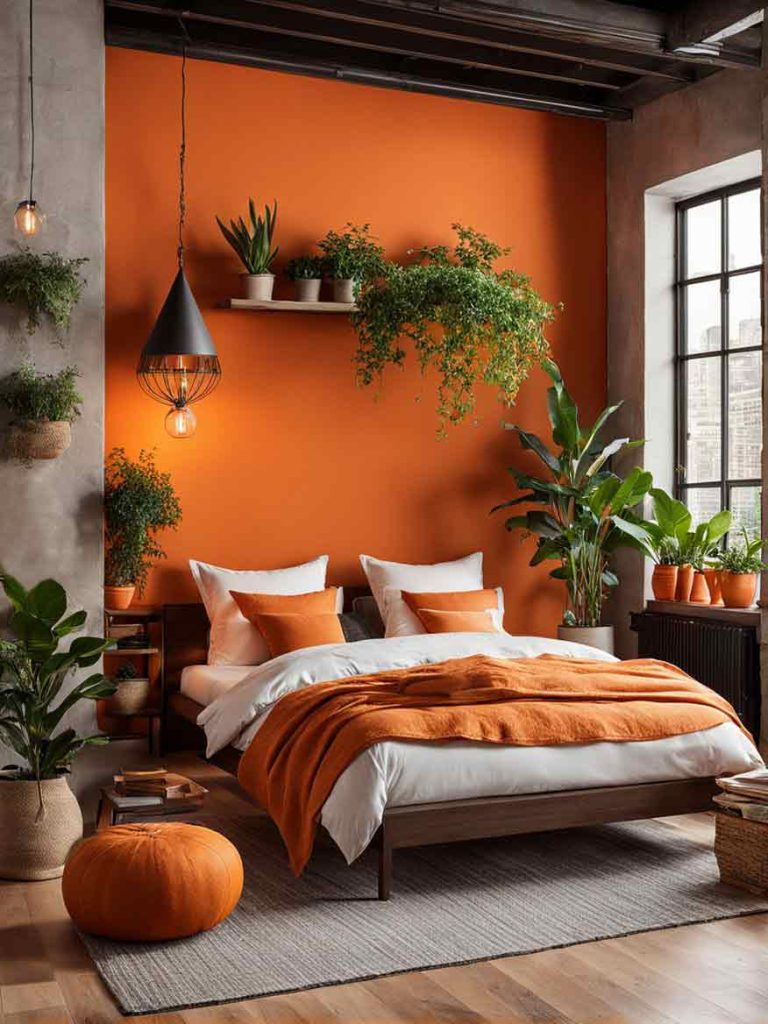 Bedroom with orange accent wall and gray and brown neutral colors