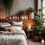 Loft bedroom with textured walls and natural fabrics