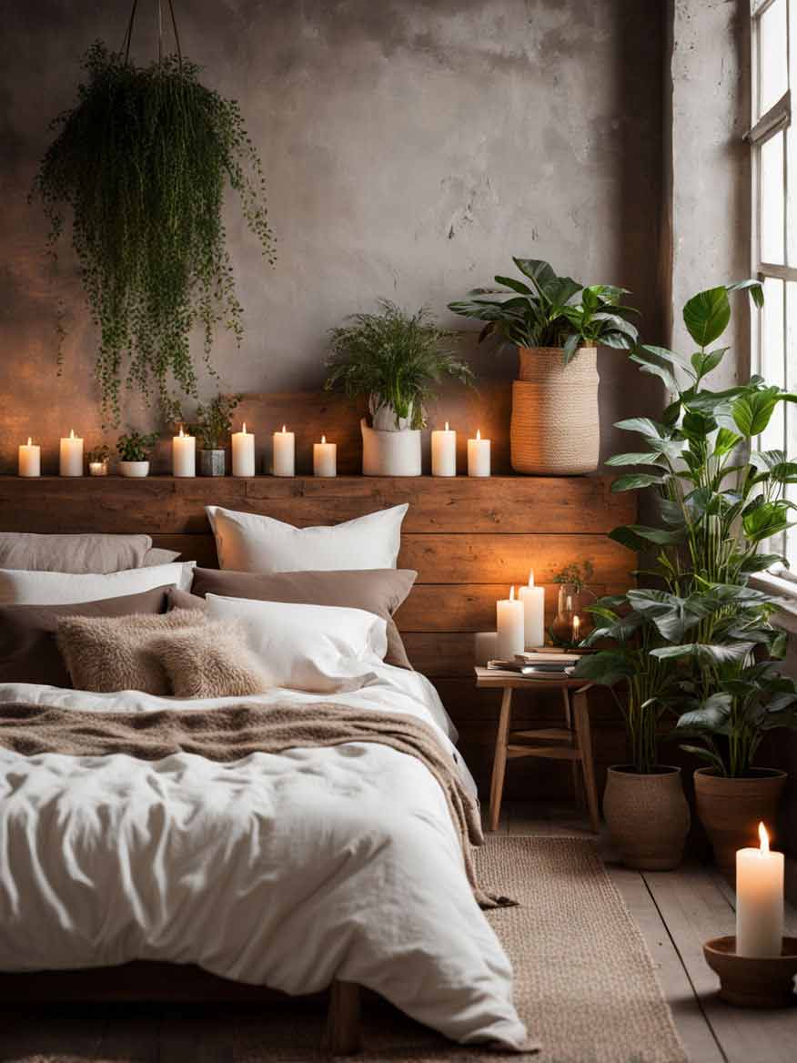Loft bedroom with textured walls and natural fabrics