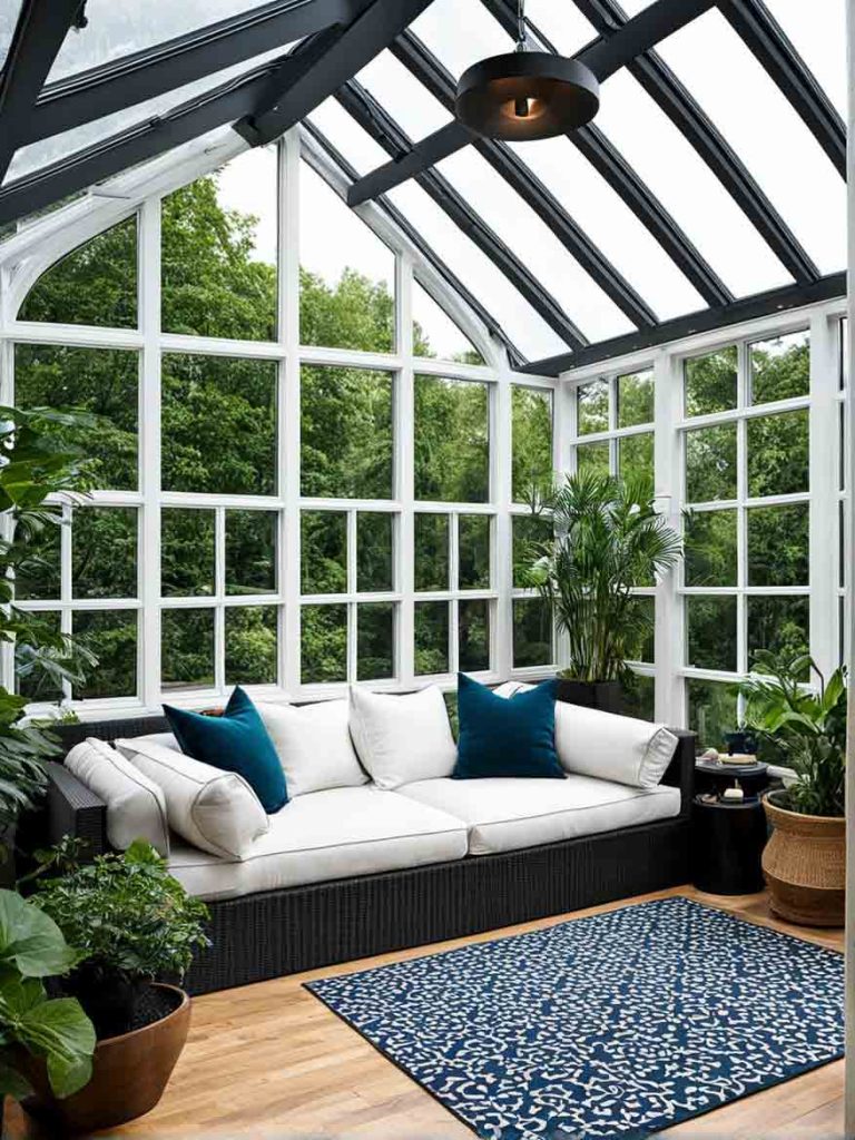 Sunroom design with a daybed and scatter cushions