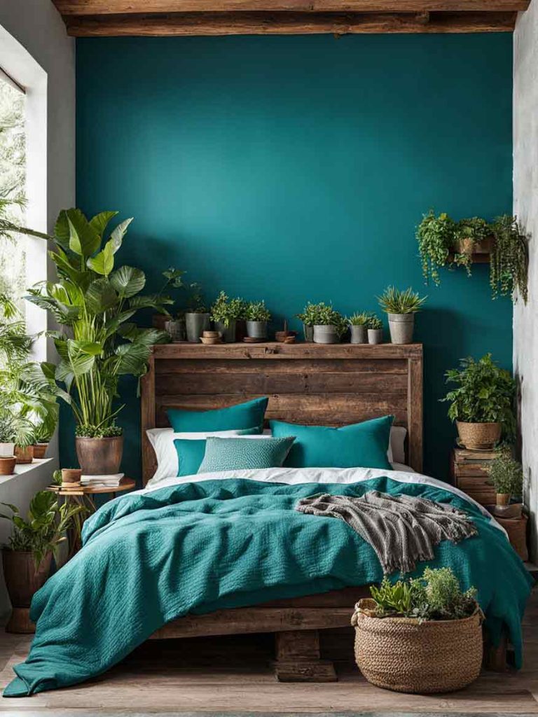 Small bedroom with teal color scheme