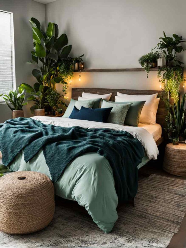 bedroom with teal color palette