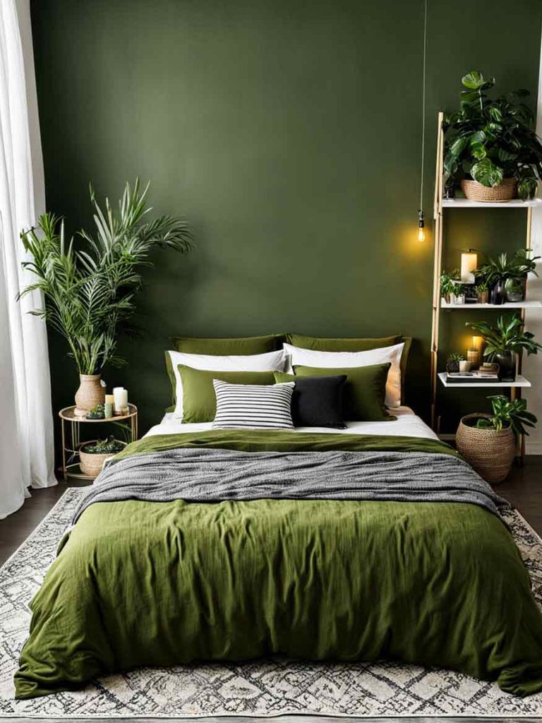 Olive green, white and gray bedroom idea