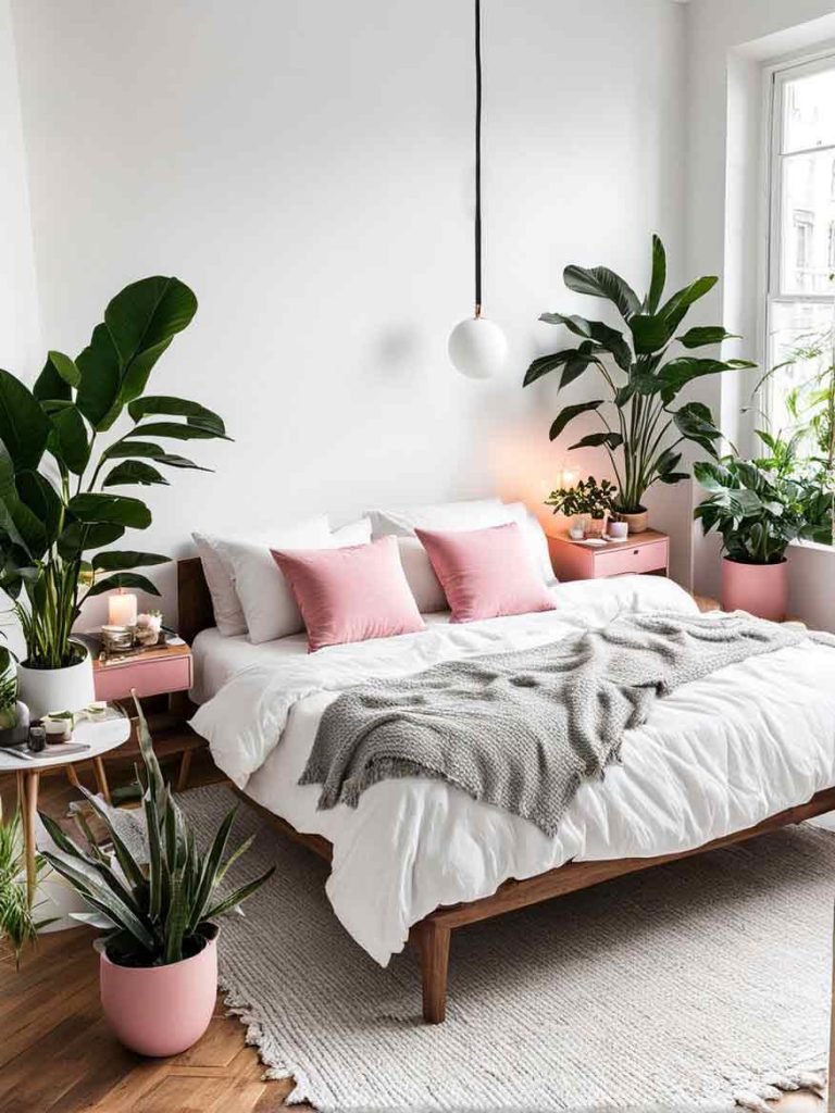 pink, gray and white bedroom color combination