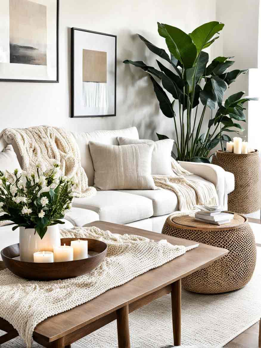 Living room with white and beige color scheme