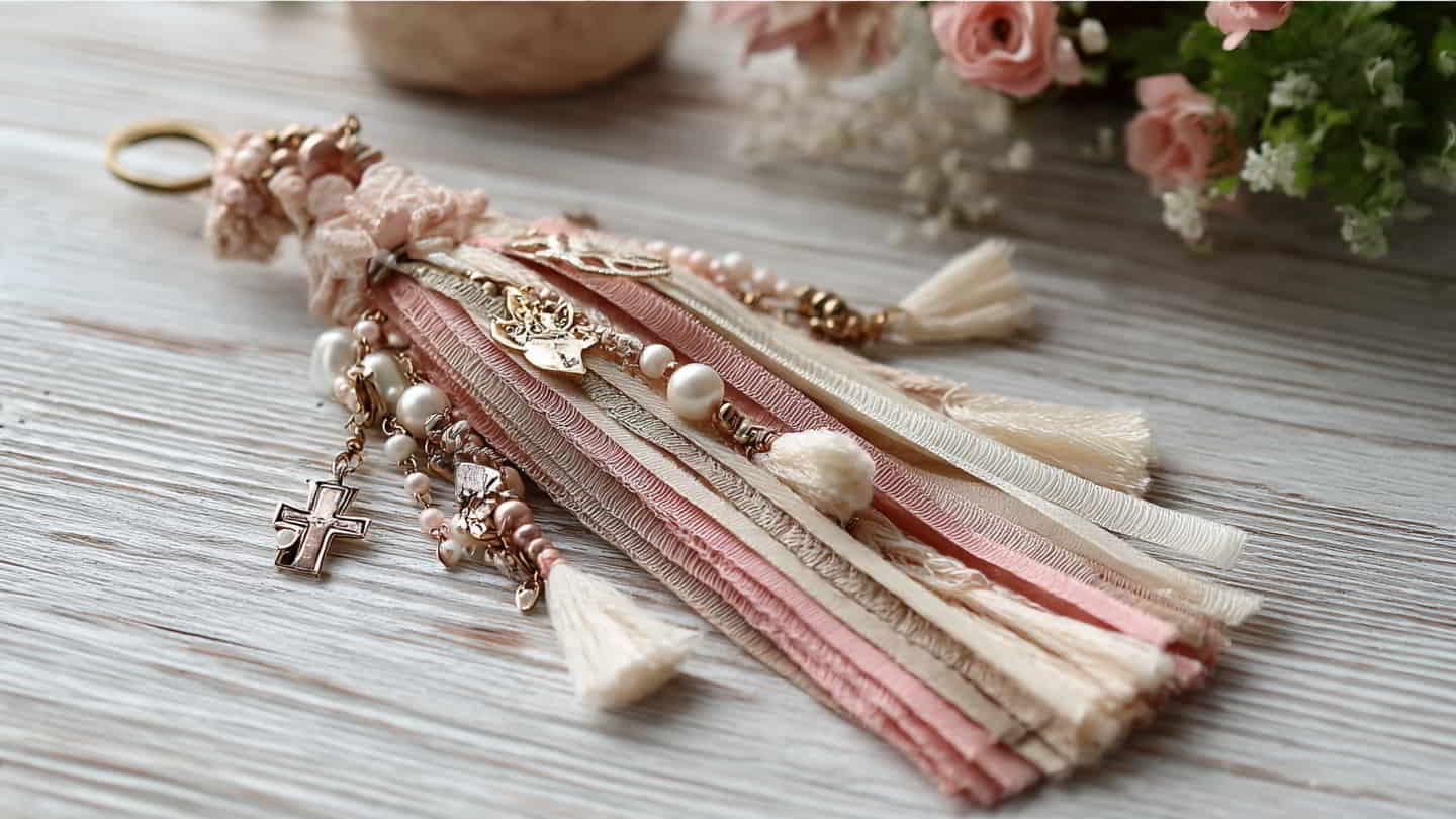 DIY Bible tassels with pink and cream fabric and ribbons